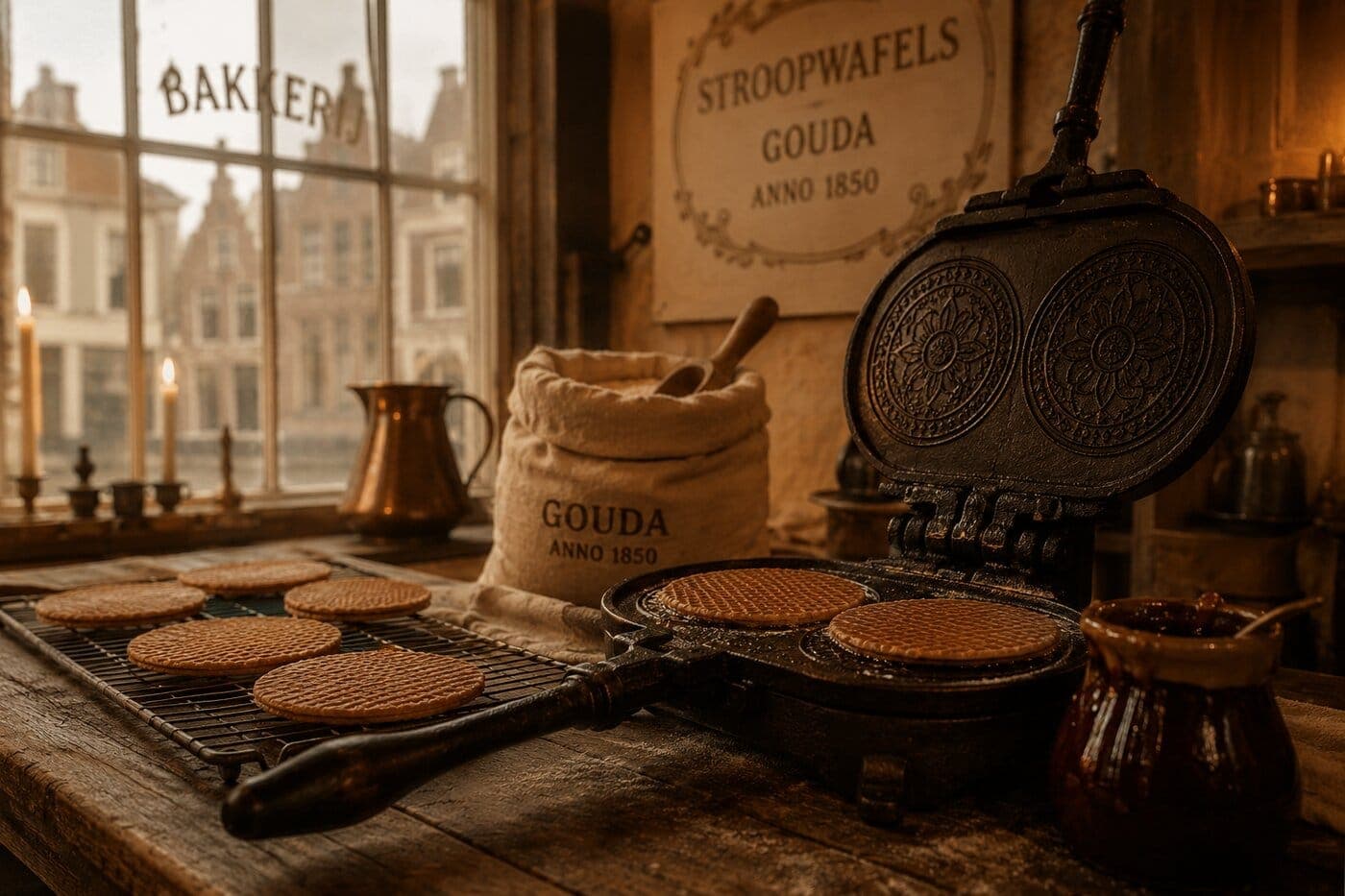 Fresh stroopwafels cooling beside an old cast-iron press in a 19th-century Gouda bakery