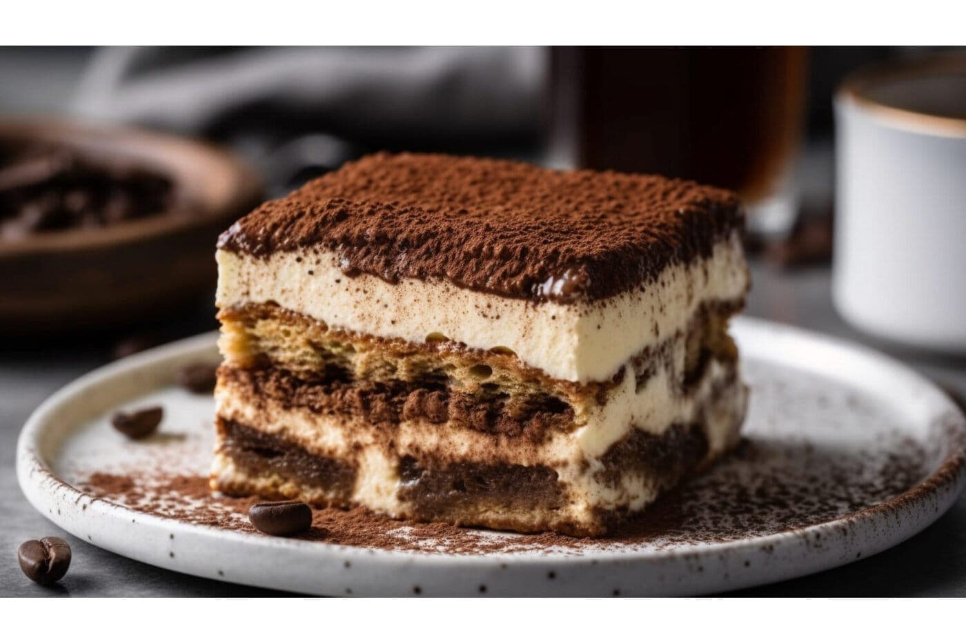 A layered stroopwafel tiramisu dusted with cocoa powder, with coffee beans