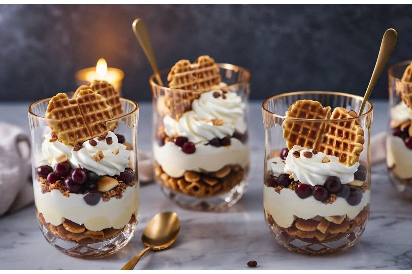 Stroopwafel trifle glasses layered with custard, cream and berries, topped with a waffle